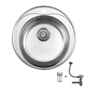 Kitchen sink stainless steel round ф510mm brushed satin set with siphon